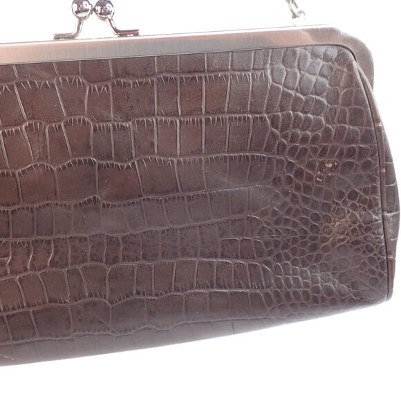 ANN TAYLOR LOFT Croc Embossed Dark Brown Leather Kiss-Lock Purse Bag Clutch - Picture 9 of 15